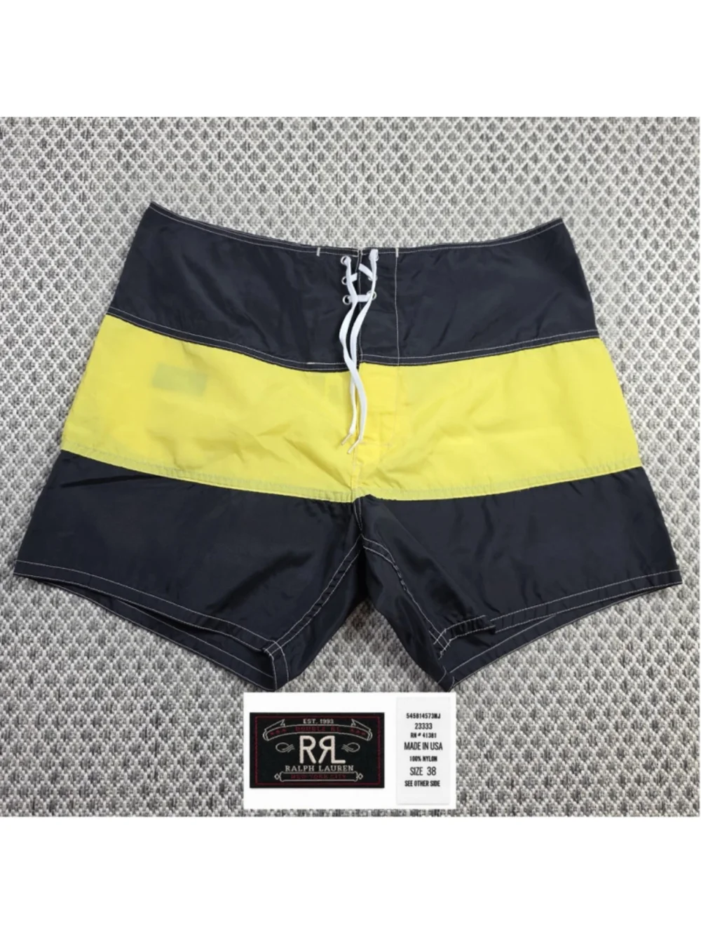 Vintage 90s RRL Ralph Lauren Board Shorts Mens 38 Black Yellow Made USA Nylon